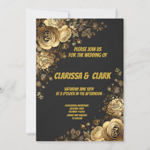 Carte de mariage décorée de fleurs dorées sur un f