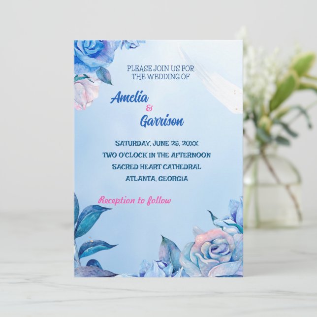 Carte de mariage dessin de roses bleues (Debout devant)