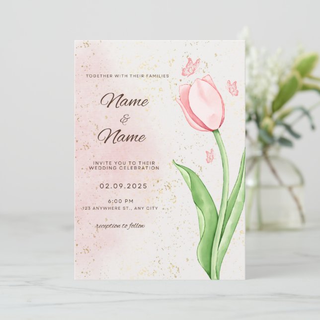 Carte de mariage élégante à la fleur rose et au pa