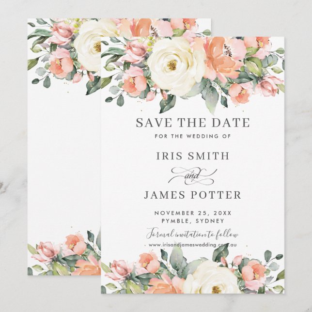 Carte de mariage Fleurs de pêche rose ivoire à con (Devant / Derrière)
