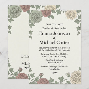Carte de Mariage Fleurs de Rose et Lierre Botaniqu