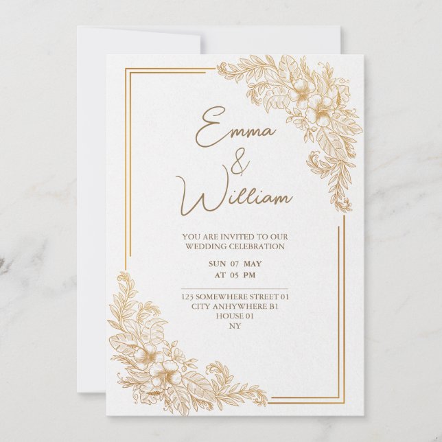 carte de mariage fleurs élégantes luxe or  (Devant)