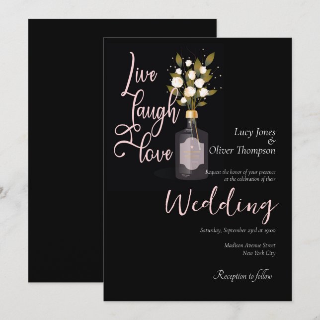 Carte de Mariage floral romantique en noir avec de (Devant / Derrière)