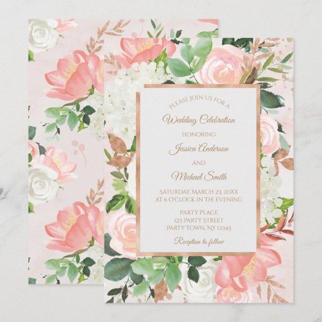 Carte de Mariage florale couleur rose et or (Devant / Derrière)