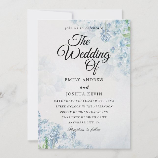 Carte de mariage géométrique à fleurs bleues (Devant)
