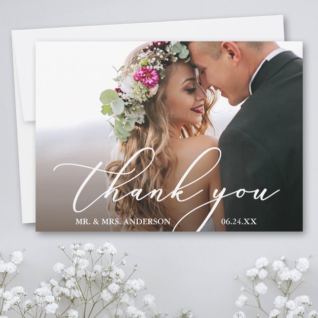 Carte de Mariage Merci de calligraphie moderne (Customize to add text or more photos to back of card.)