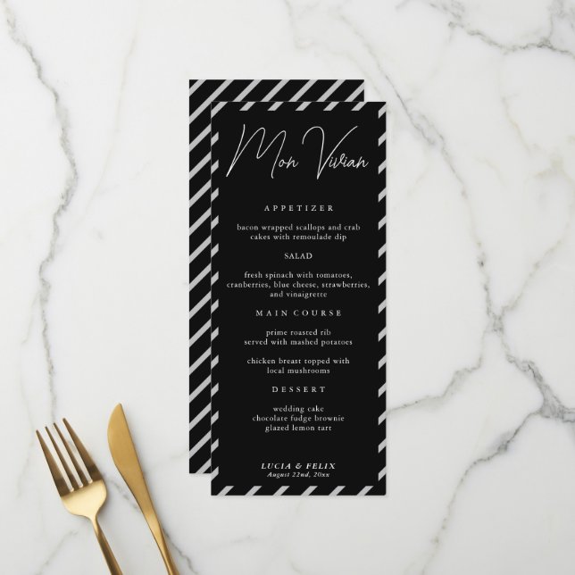 Carte de Mariage moderne Black Name Place Card Din (Devant/Arrière en situation)