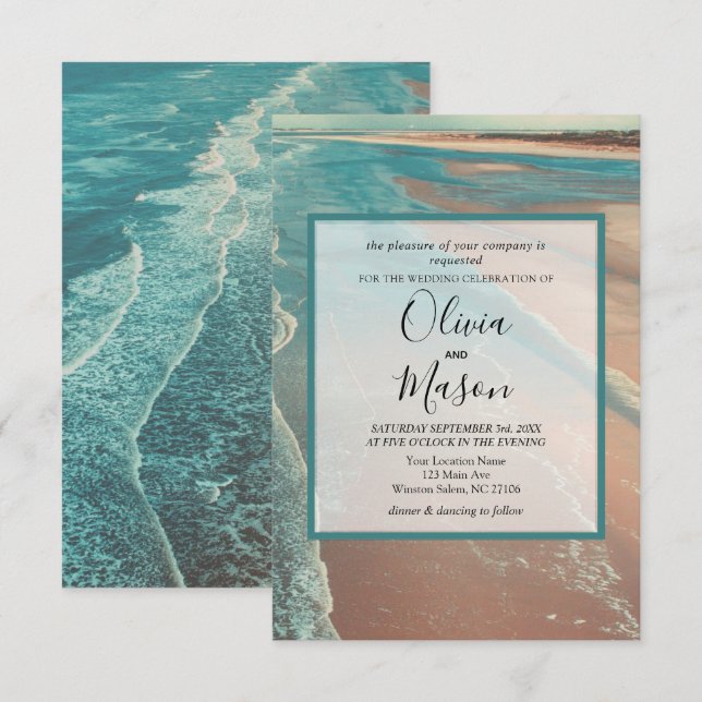 Carte de Mariage moderne Fade Tropical Beach Sea (Devant / Derrière)
