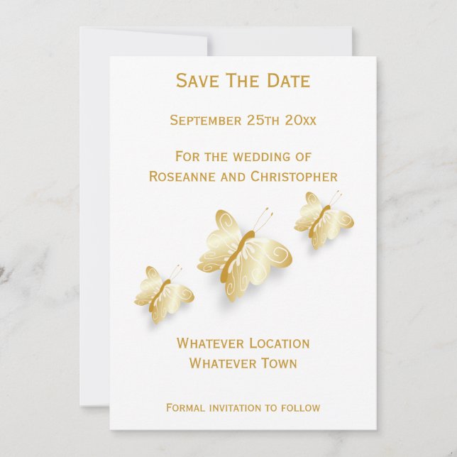 Carte de Mariage Or Papillons Save The Date (Devant)