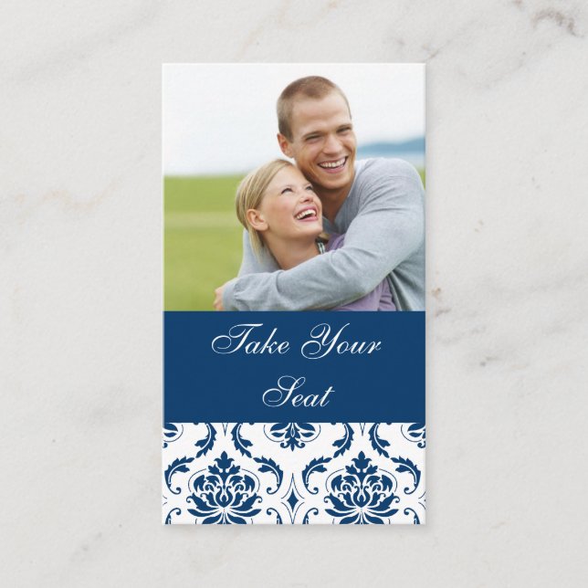Carte de Mariage photo Navy Blue Damask (Devant)