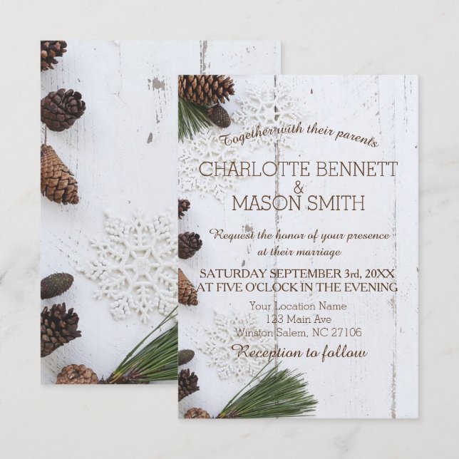 Carte de Mariage pour le Pinecone et le Snowflakes (Devant / Derrière)
