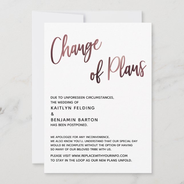 Carte de mariage reporté avec changement de plans  (Devant)