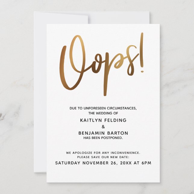 Carte de Mariage Reporté Humour Or Oups ! (Devant)
