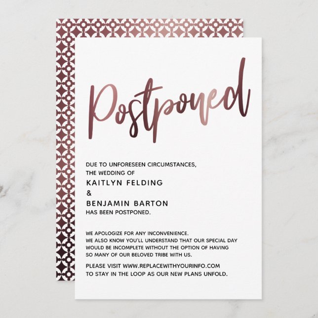 Carte de Mariage reportée rose Gold Handwriting (Devant / Derrière)