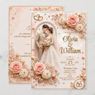 Carte de mariage Rose Romantique 3D Personnalisé