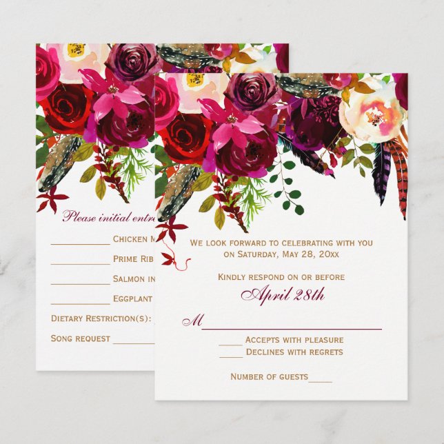 Carte de mariage RSVP 2 (REPAS) - Floral, Plumes (Devant / Derrière)