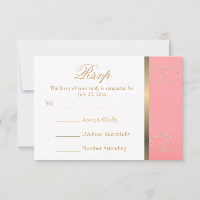Carte de mariage RSVP Corail et Coeurs d'or (Devant)