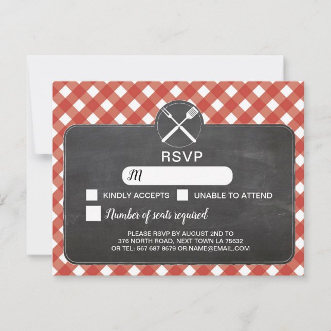 Carte de mariage RSVP Gingham rouge BBQ craie (Devant)