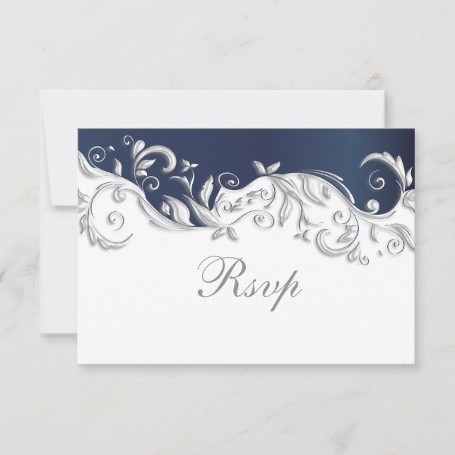 Carte de mariage RSVP Marine Blue & White Floral S (Devant)