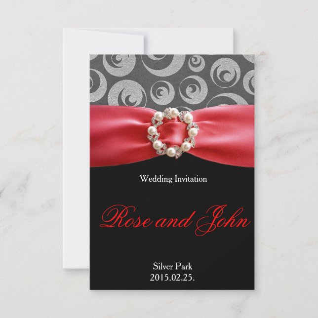Carte de mariage ruban de satin rouge noir argent  (Devant)