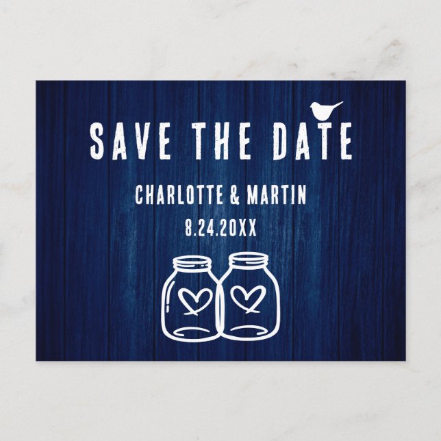 Carte de mariage rustique bleu marine Save The Dat (Devant)