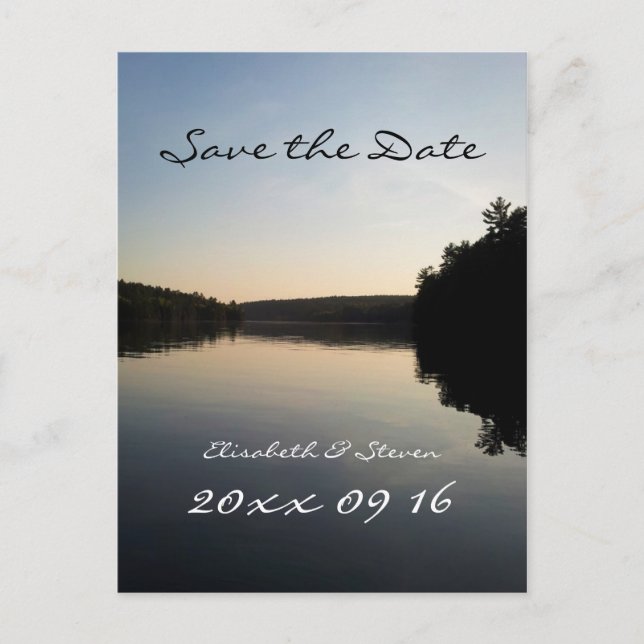 Carte de mariage Save the Date avec lac au coucher (Devant)