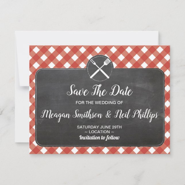 Carte de mariage 'Save The Date' Gingham rouge Cra (Devant)