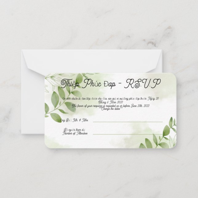 Carte de mariage vietnamienne Greenery R.S.V.P (Devant)