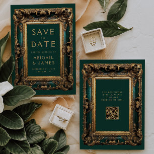 Carte de mariage vintage verte et dorée avec code