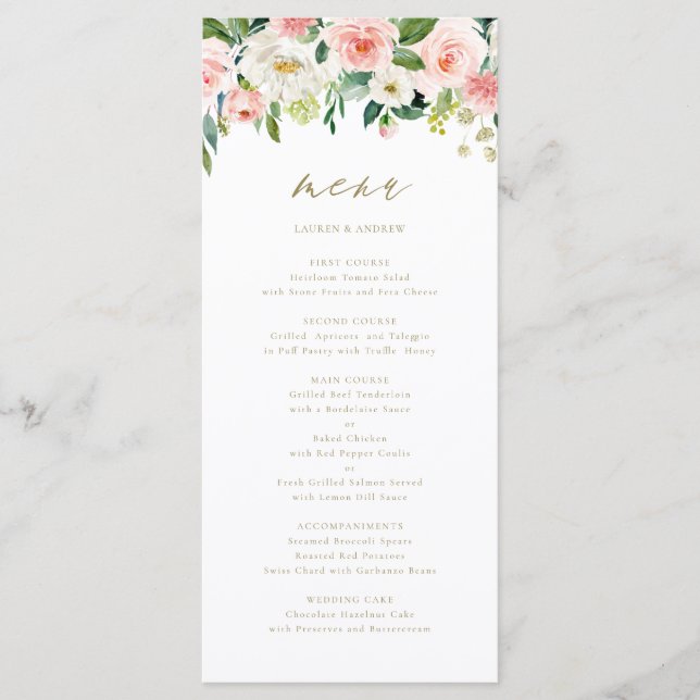 Carte de menu à l'aquarelle romantique fleurs de p (Devant)