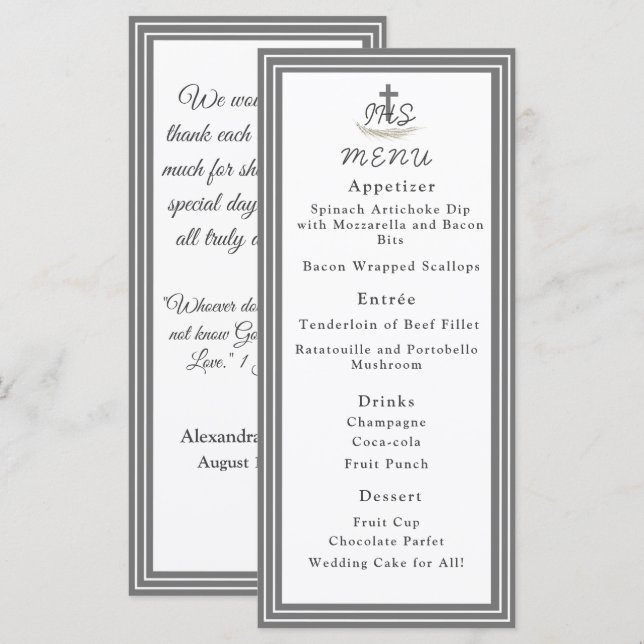 Carte de menu à thème Verse de la Bible catholique (Devant / Derrière)