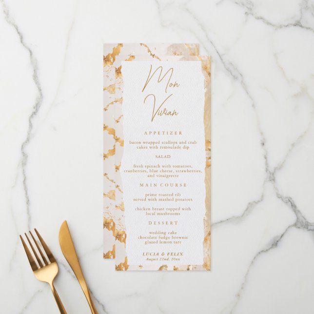 Carte de menu Abstrait Mariage Gold Luxury Modern (Devant/Arrière en situation)