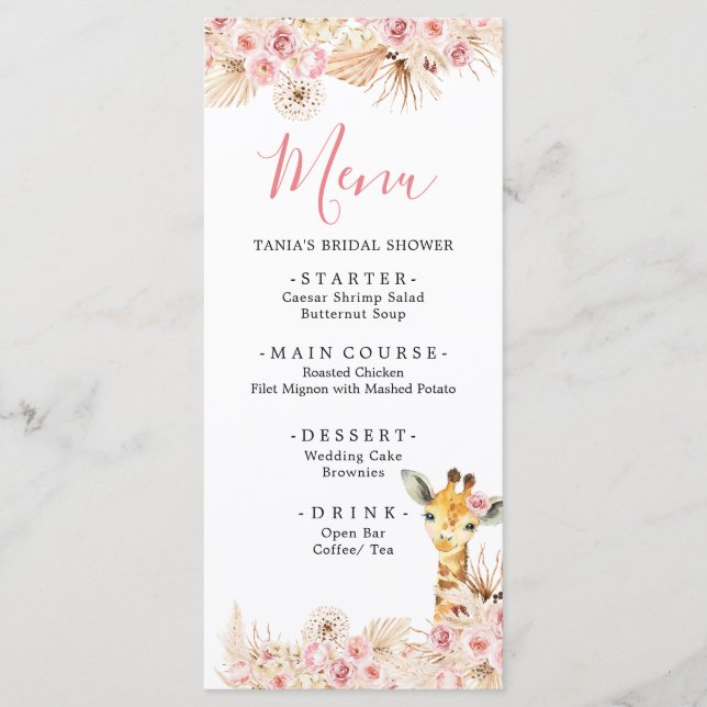 Carte de menu Baby shower de girafe Boho rose vif (Devant)