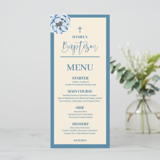 Carte de menu Baptême Bébé Bleu 4x9 (Debout devant)
