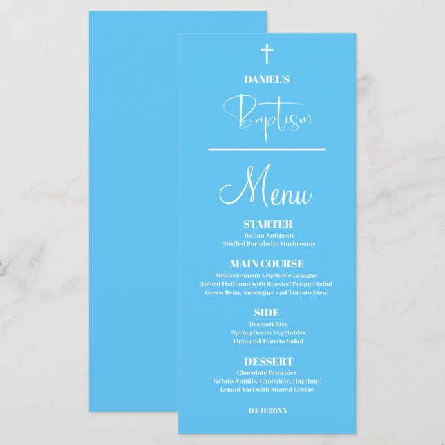 Carte de menu Baptême Bébé Bleu 4x9 (Devant / Derrière)