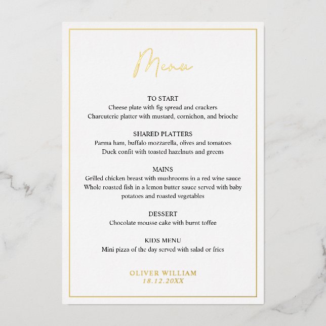 Carte de menu Baptême pour garçon noir, blanc et o (Recto)