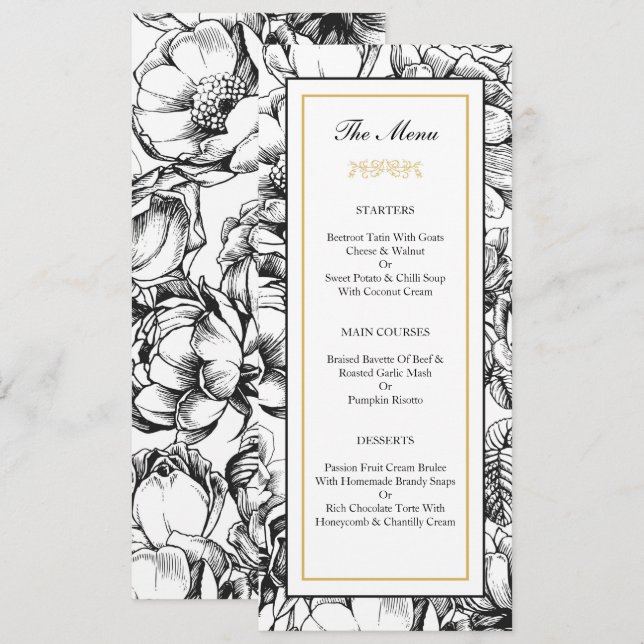 Carte de menu Black & Gold Soft Mariage élégant (Devant / Derrière)