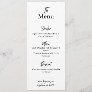 Carte de menu blanche personnalisée. Mariage, fête