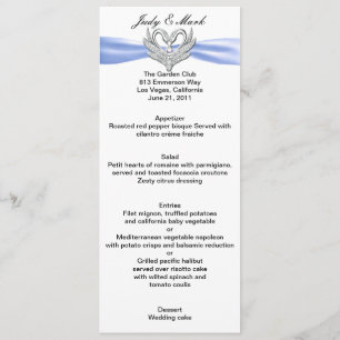 Carte de menu Bleu ruban Argent Swans