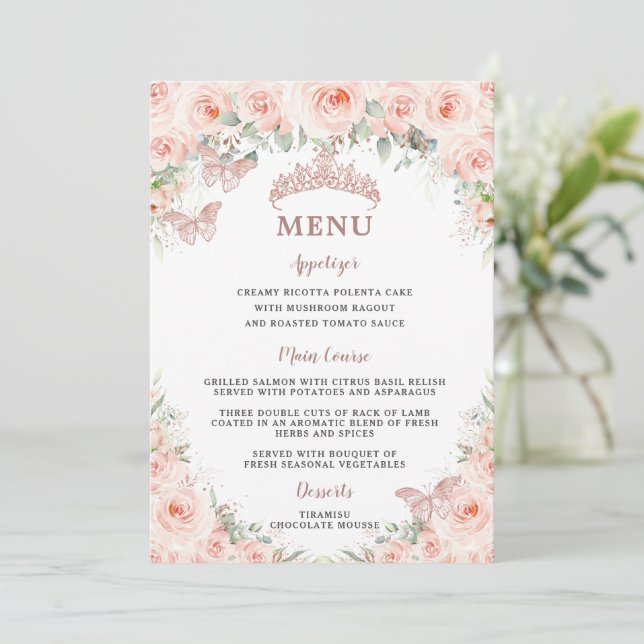 Carte de menu Blush Floral Rose Gold Quinceanera 1 (Debout devant)