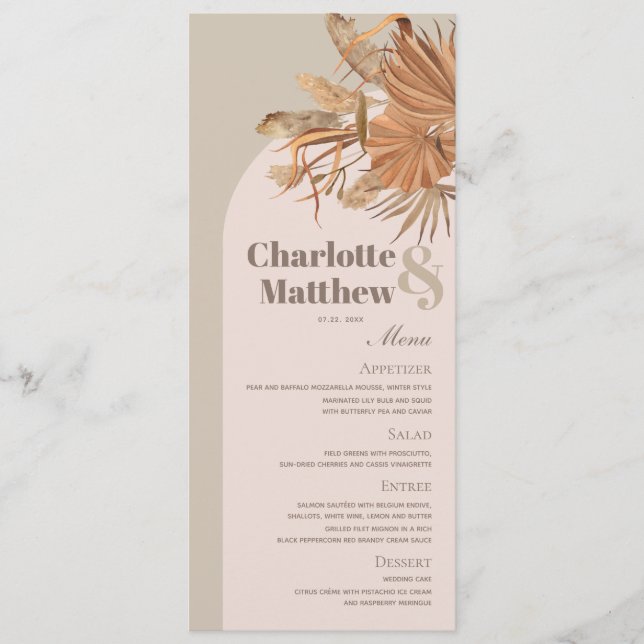 Carte de menu Boho Pampas Grass Pink Brown Mariage (Devant)