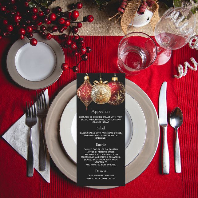 Carte de menu boules rouges noires dorées pour la  (Créateur téléchargé)