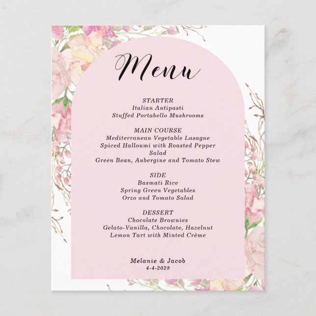 Carte de menu Budget Elegant Rose Floral Arch (Devant)
