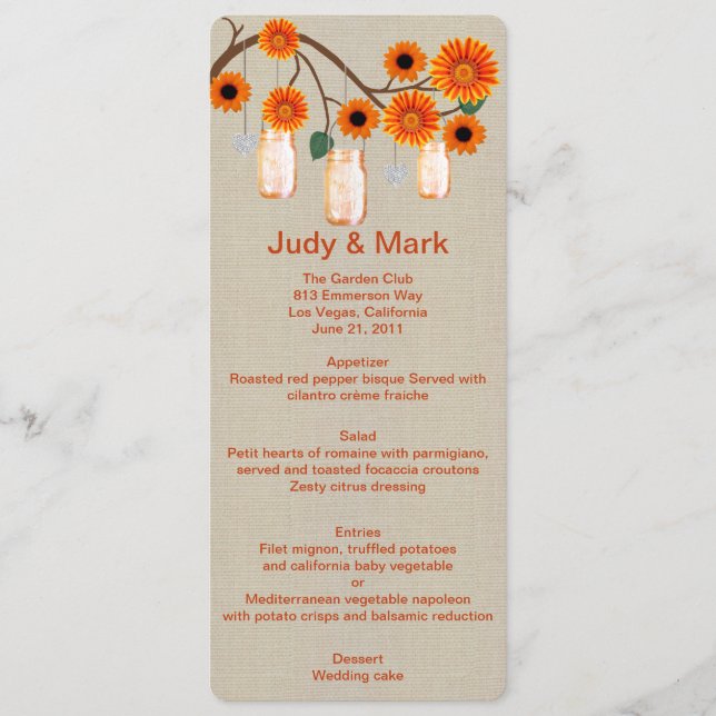 Carte de menu Burlap Rustic Orange Mason Jars (Devant)