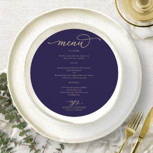 Carte de menu cercle bleu marine écriture dorée po