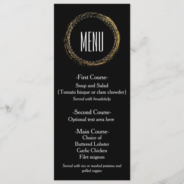 Carte de menu chic cercle en papier doré et glamou (Devant)