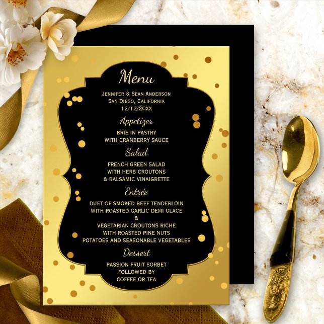Carte de menu Chic Gold et Black Confetti (A festive and elegant menu card featuring gold confetti on a gold and black background)