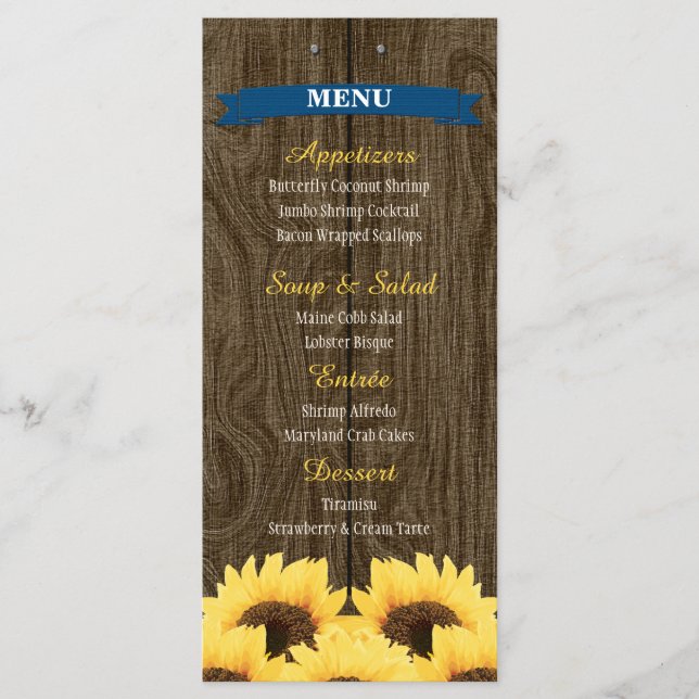 CARTE DE MENU COBALT BLEU RUSTIC SUNLOWER (Devant)