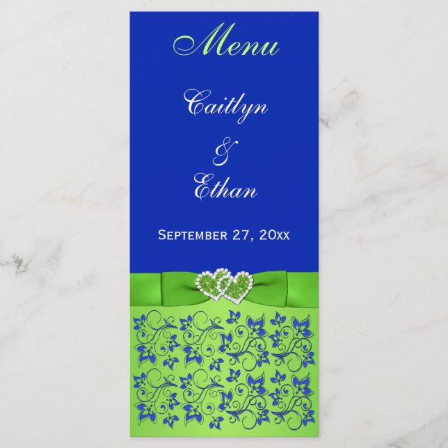 Carte de menu Coeurs, Flore Vert, Bleu (Devant)