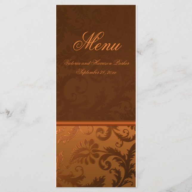 Carte de menu Copper et Mariage damassé Brown (Devant)
